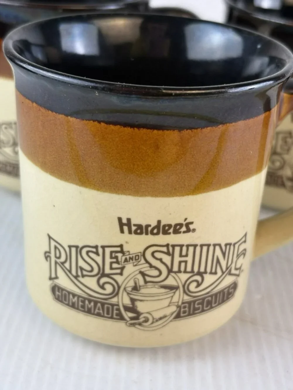3 Hardees Coffee Mugs Brown Vintage 1989 Rise and Shine Retro Cabin Lodge Diner